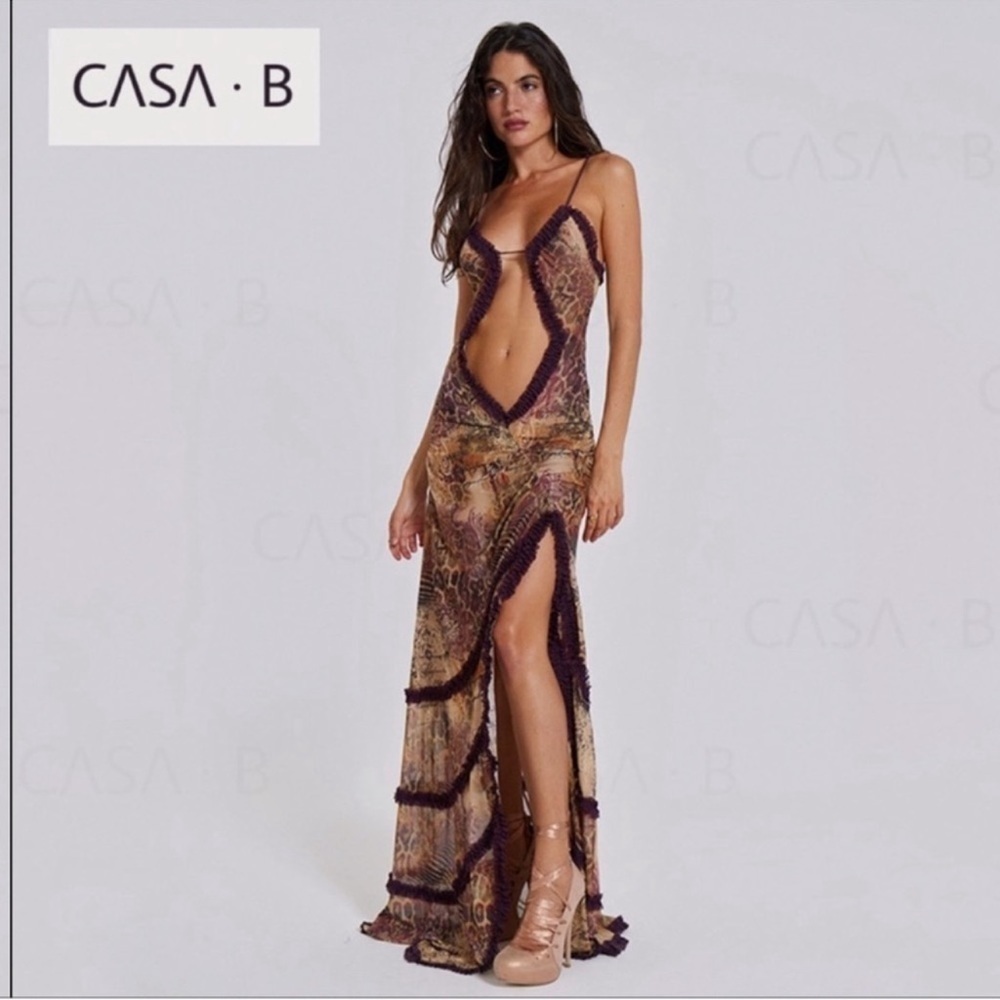 5⭐️CASA B| Seraphina Sheer Cut-Out Frill Leopard Script Print Maxi Dress - Picture 11 of 15